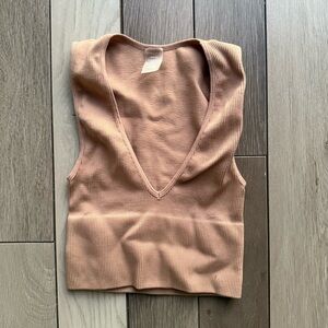 Elegant Tan Ribbed V-Neck Tank Top